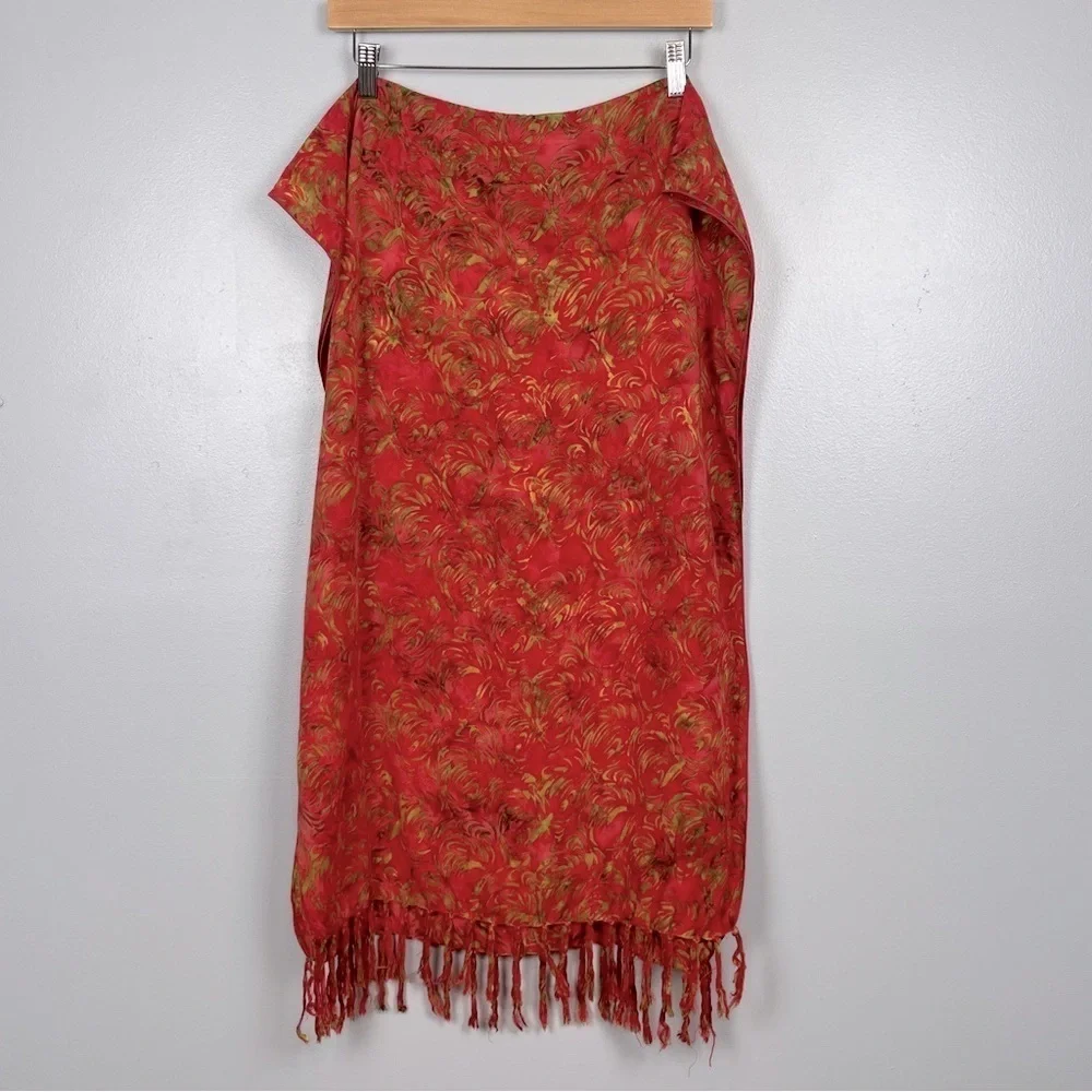 Coral & green batik print fringed lightweight sarong wrap.